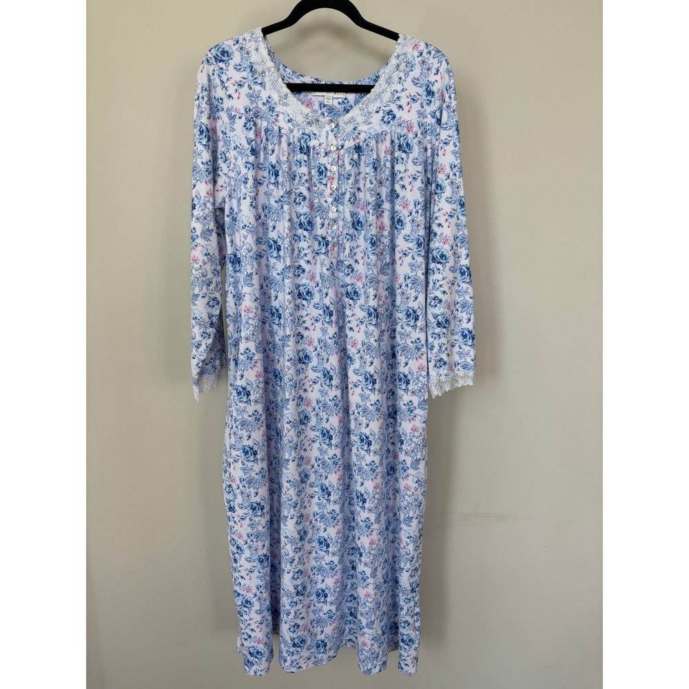 Eileen West Blue Floral Lace Trim Long Sleeve‎ Nightgown Pockets Womens Large